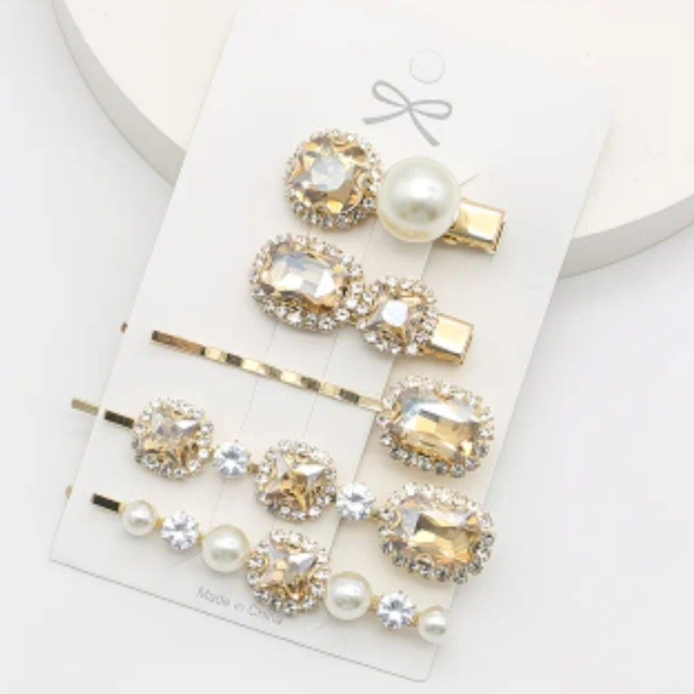 🆕️ GOLD RHINESTONE & PEARL HAIR PINS & CLIPS - SET OF 5